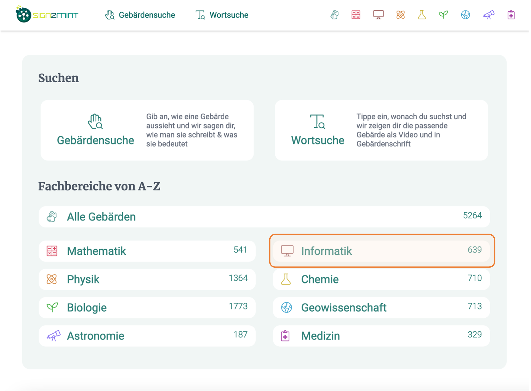 Grafik: Die Kategorie Informatiok enthält bei Sign2MINT 639 Gebärden